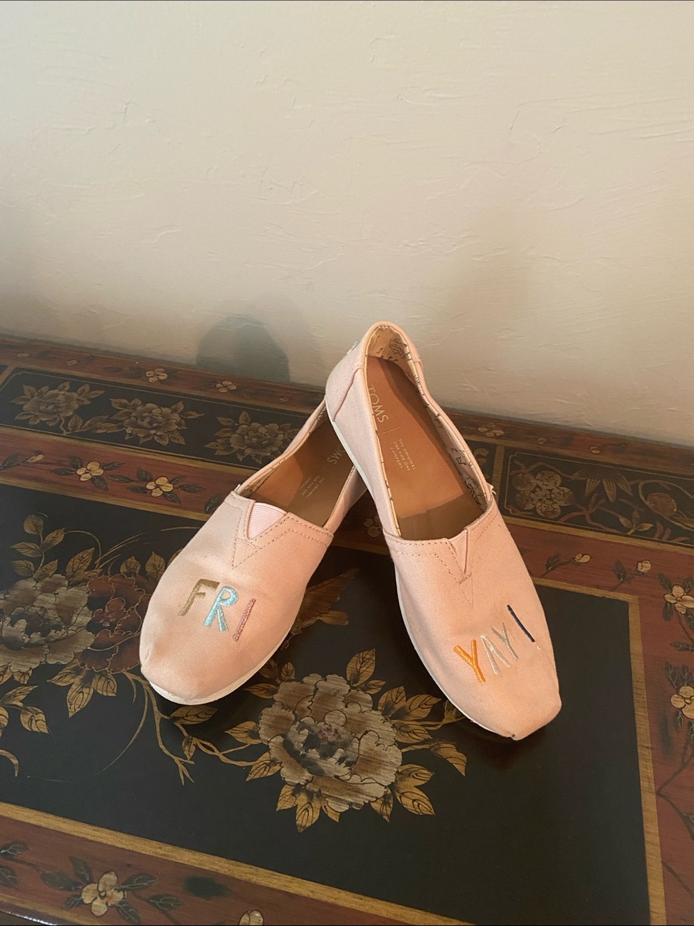 Toms FRY YAY! Light Pink Slip-On Canvas Flats with Colorful Embroidery